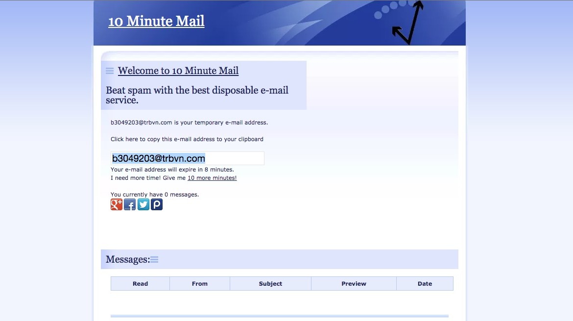 Exemple de mail temporaire 10minutemail