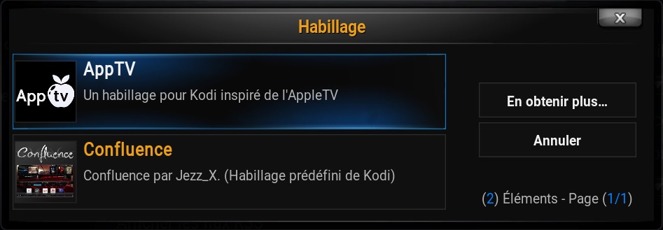 Fenêtre de sélection Kodi pour changer/ajouter un thème