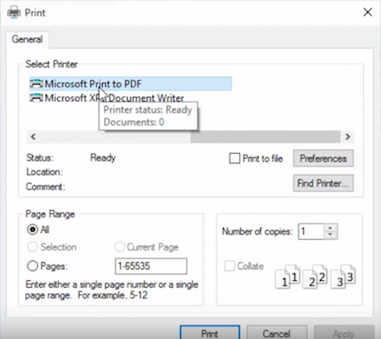 Microsoft Windows 10 Print To PDF - boîte de dialogue