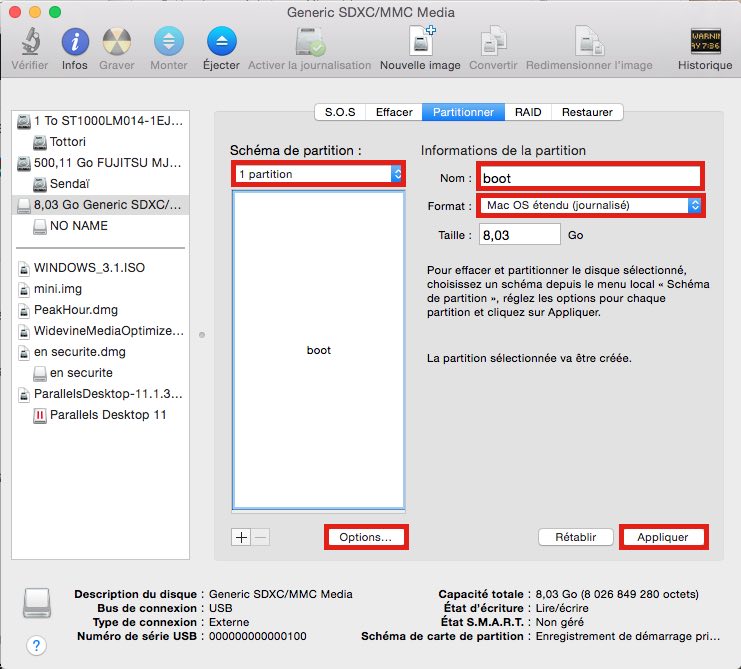 Vous devez impérativement nommer votre partition boot à ce stade. Le cas échéant, il vous faudra modifier les commandes terminal pour refléter le changement. 