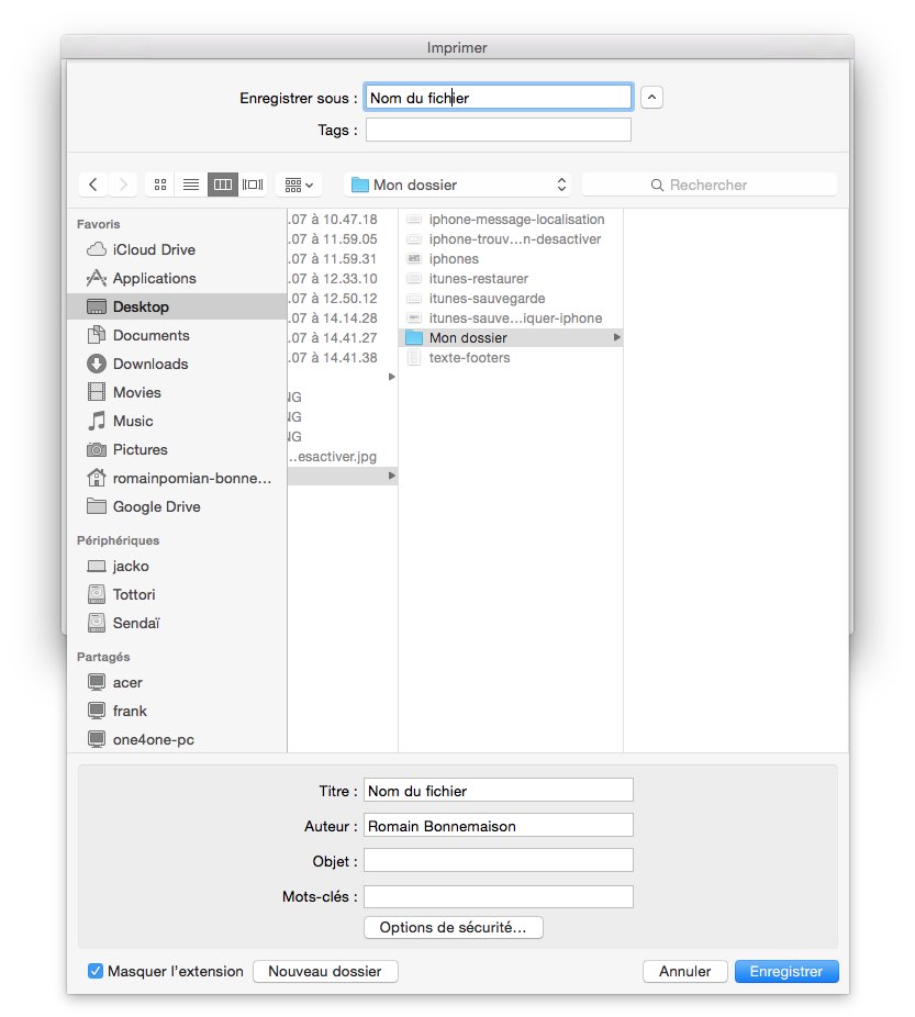 La boite de dialogue OS X pour enregistrer votre PDF