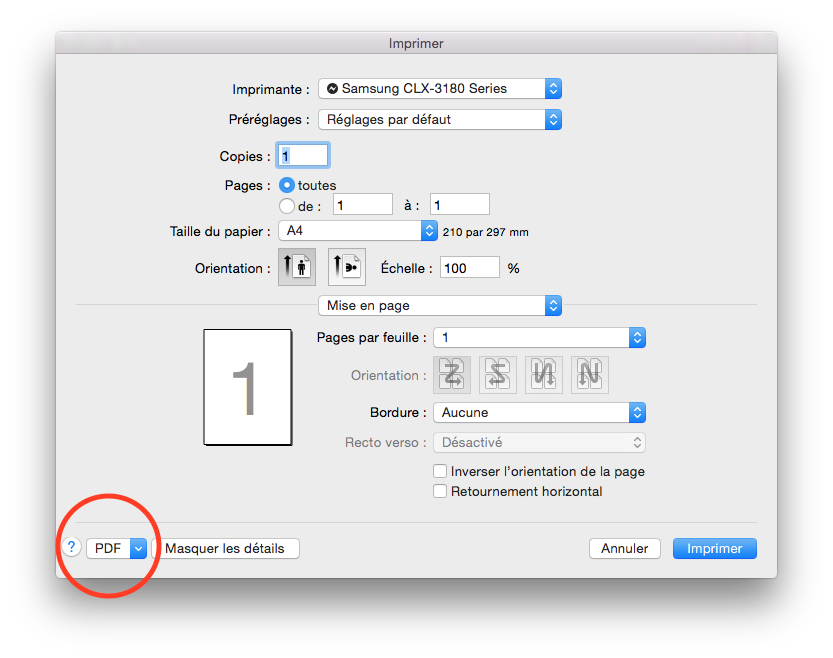 La boite de dialogue système d'impression d'impression sous Mac OS X