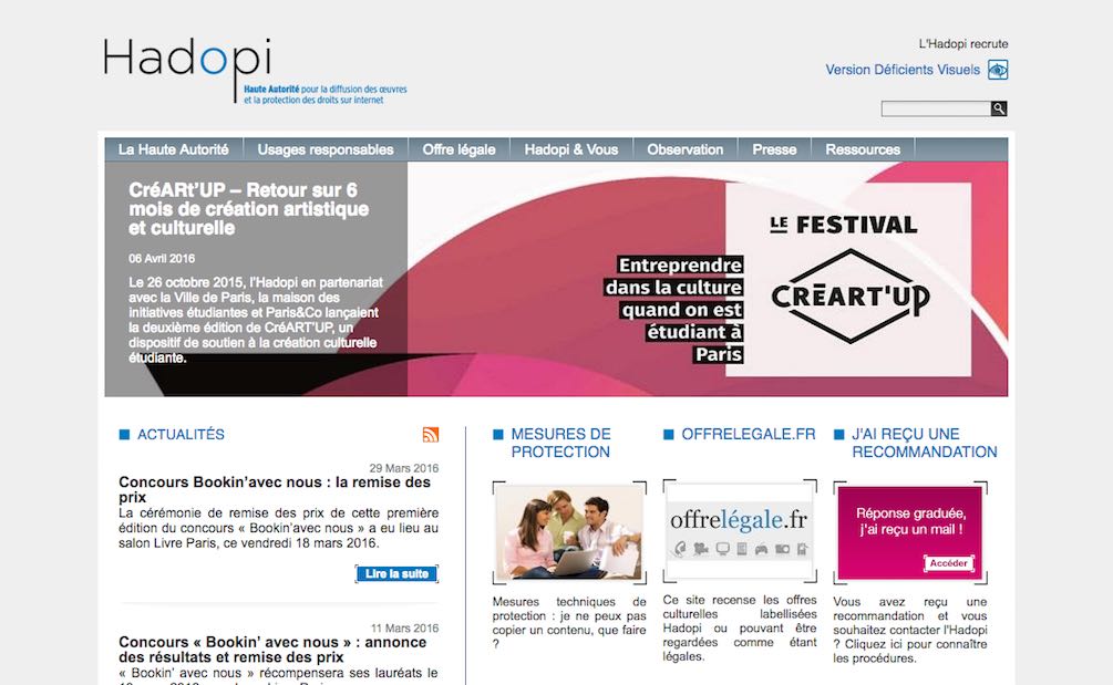 Page d'accueil du site de la Hadopi