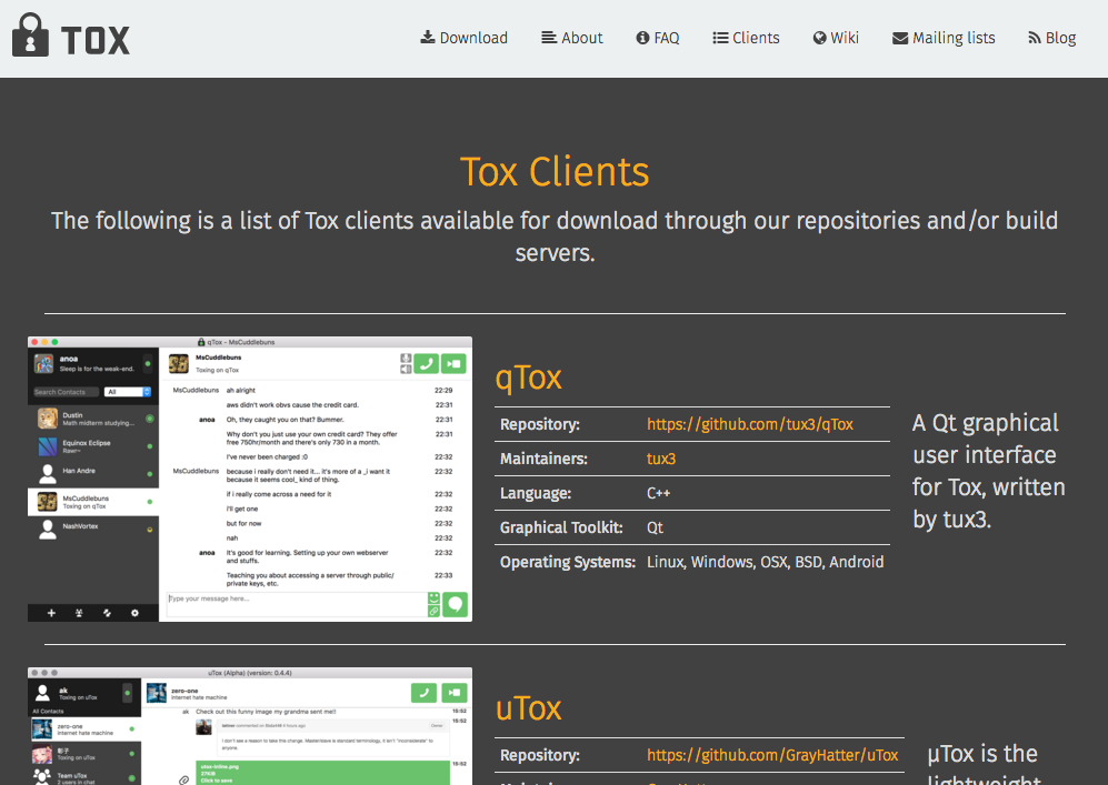 Tox propose au téléchargement différents clients