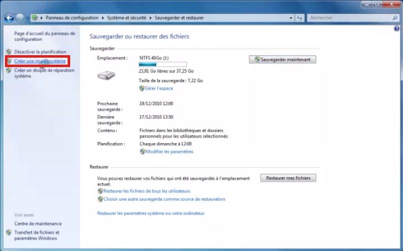 Sauvegarder et Restaurer dans Windows 7